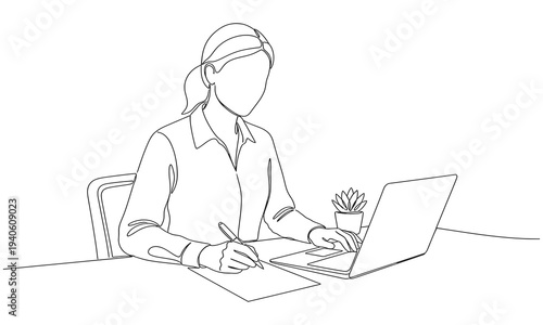 Continuous line drawing of professional young business woman using mobile digital tablet computer work and writing work. black stroke on a white background vector illustration