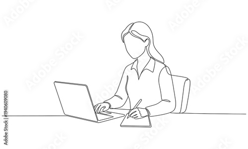 Continuous line drawing of professional young business woman using mobile digital tablet computer work and writing work. black stroke on a white background vector illustration