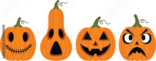 Halloween pumpkin faces collection with funny and scary jack o lantern expressions illustration isolated on white background for spooky decoration and holiday design