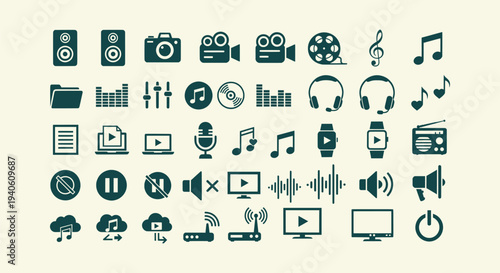 Multimedia Icon Collection Set with Audio Video Music Technology and Device Symbols Vector Graphics