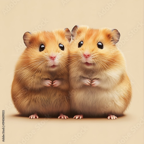 Two charming golden brown hamsters with soft fur and pink noses sitting side by side against a plain beige background with soft lighting
