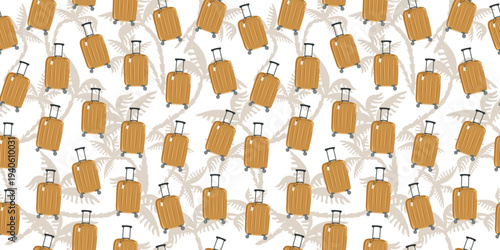 Seamless pattern, travel suitcase, palm tree silhouette. Background. Tourism, vacation, holidays. Bag with handle, wheels, and retractable handle for travel. Summer vacation in a tropical climate.