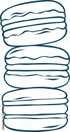 A stack of macarons, simple vector icon in doodle and sketch style with Mediterranean blue lines. Hand-drawn French pastry tower for patisserie menus or dessert branding