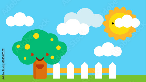 Cartoon landscape with tree sun and fence