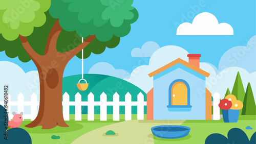 Cartoon landscape with house and tree art