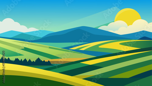 Scenic landscape with fields and mountains