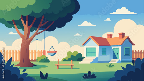 Illustration of house with tree and swing