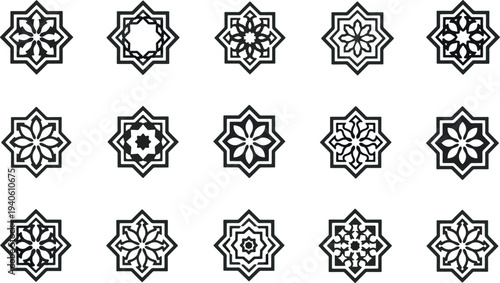 Set of Islamic geometric star ornaments and floral mandala outlines for Ramadan decoration, patterns, and coloring book design.