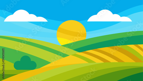 Cartoon landscape with sun and rolling hills