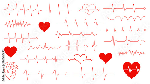 Various red heart rhythm patterns and cardiogram lines with decorative heart shapes on white.
