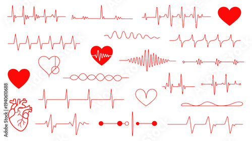 A large collection of red electrocardiogram lines and heart symbols showing various medical rhythms.