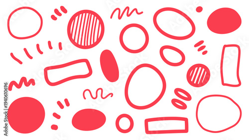 A playful assortment of red hand-drawn doodles, circles, ovals, rectangles, and abstract lines on white.