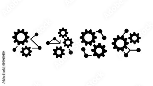 Multiple interconnected gear icons demonstrating complex system processes or networking concepts with various configurations.