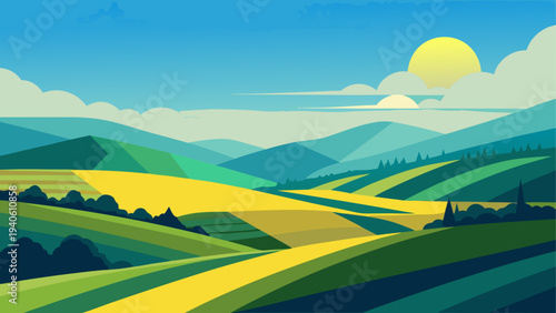 Landscape view of rolling hills and sun sky