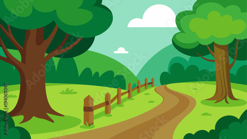 Cartoon landscape with trees and a path