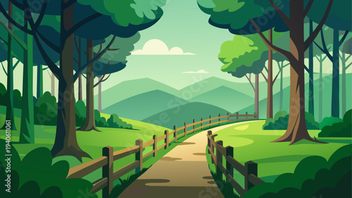 A path through the forest with green trees