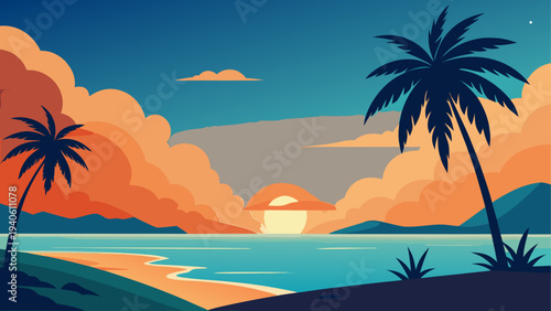 Tropical beach scene with palm trees art