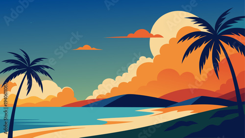 Tropical beach with palms and cloudy sky