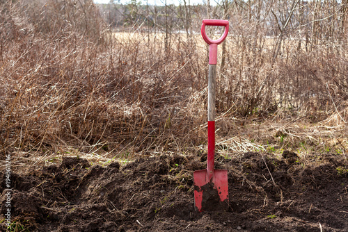 Garden spade stuck in soil with blank copy space beside it, ready for spring gardening and backyard preparation