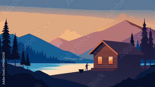 Cabin by the lake at sunset landscape art
