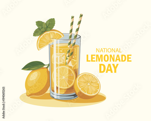 National Lemonade Day vector. Glass of lemonade with lemons and mint leaf icon. Glass with fresh ice summer drink vector. Lemonade Day Poster,. Important day