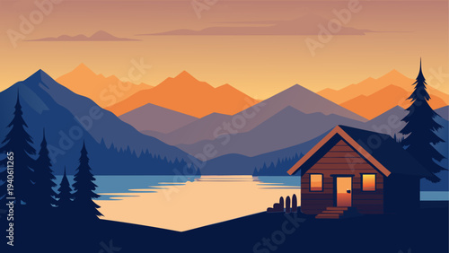 Cabin by the lake at sunset landscape art