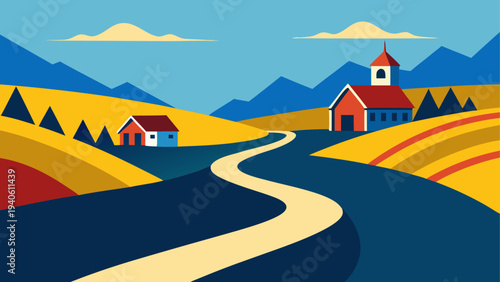 Landscape with church and houses art style