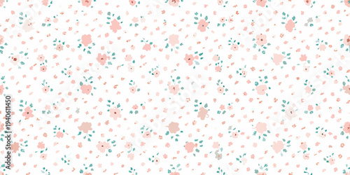 Delicate floral pattern with small pink and teal blossoms on white