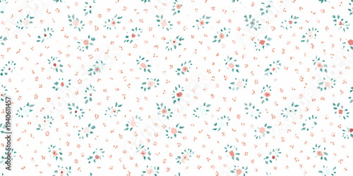 Delicate floral pattern with small blossoms and scattered green foliage