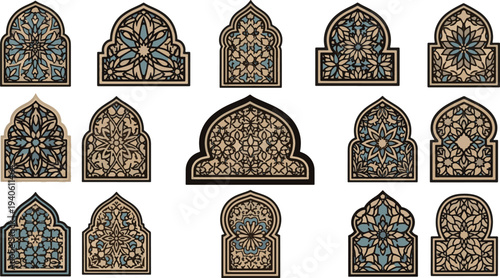Set of luxury Islamic window frames with traditional Arabic floral and geometric patterns for Ramadan decoration.