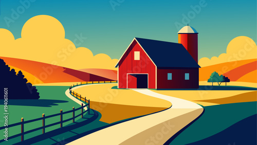 A barn with a silo in a rural landscape