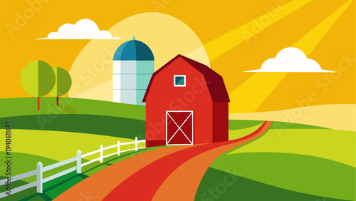 Illustration of a farm with barn and silo