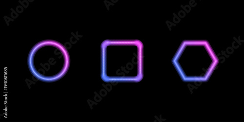 Three glowing geometric shapes, a circle, square, and hexagon, display cool pink blue gradients on a dark field