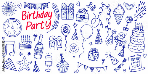 Hand drawn blue line art illustration of various birthday party elements