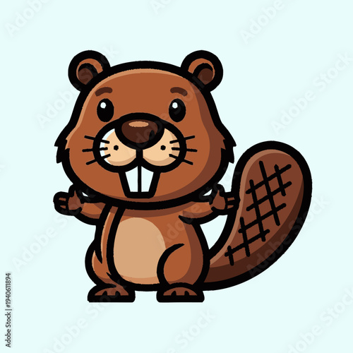 Adorable cartoon beaver character with brown fur, big teeth, and a flat tail, standing happily. Cute friendly animal vector illustration.