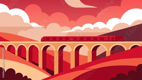 A train crossing a bridge in red landscape