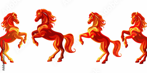 Four fiery horses depicted in dynamic poses showcasing strength and motion
