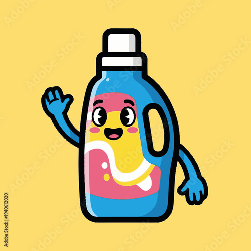 Cute cartoon laundry detergent bottle character mascot waving hello with a friendly smile. Kawaii cleaning product vector illustration.