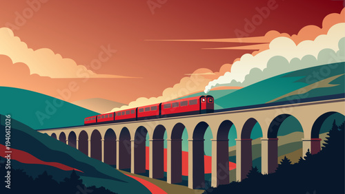 A train crossing a bridge in the valley