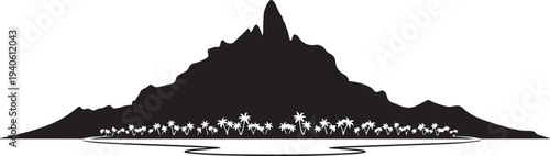 Tropical Bora Bora island resort vector with water bungalows and mountain silhouette