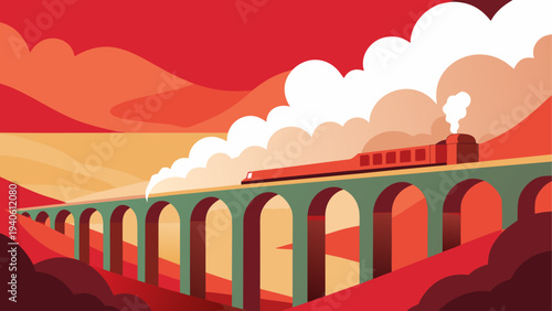 Train crossing bridge with clouds above