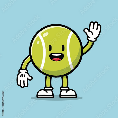 Cheerful cartoon tennis ball character illustration waving hello, friendly sports mascot with a happy smile on a light blue background.