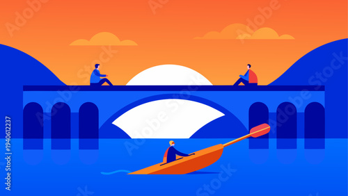 People on bridge and kayak at sunset time