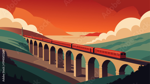 Train crossing bridge at sunset landscape