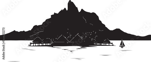 Tropical Bora Bora island resort vector with water bungalows and mountain silhouette