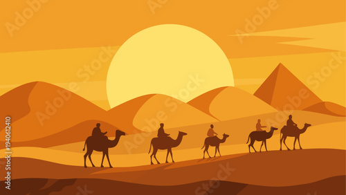 Caravan crossing desert with pyramids