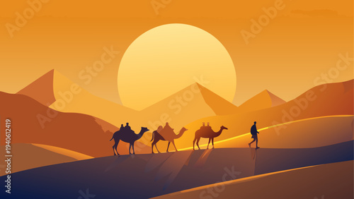 Camels and people in desert at sunset time