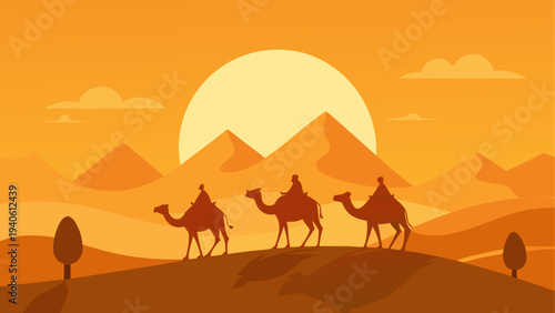 Caravan traversing desert at sunset time