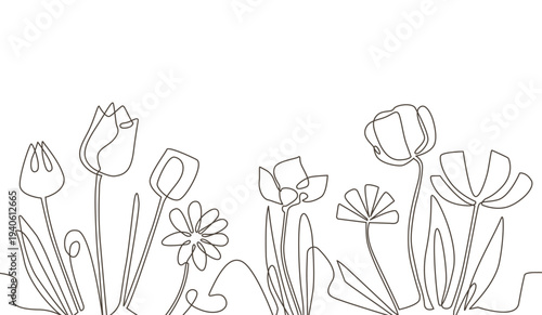 Flowers continuous line style hand drawn art. Minimalistic abstract Floral background.