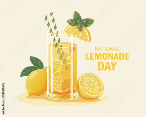 National Lemonade Day vector. Glass of lemonade with lemons and mint leaf icon. Glass with fresh ice summer drink vector. Lemonade Day Poster,. Important day